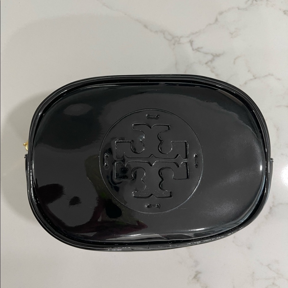 Tory Burch black patent cosmetic zipper pouch